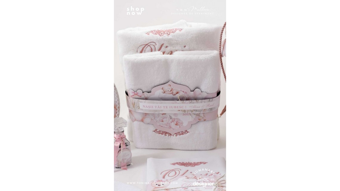 Trusou botez cu ursuleti si flori roz Teddy Bear Baby Girl 5